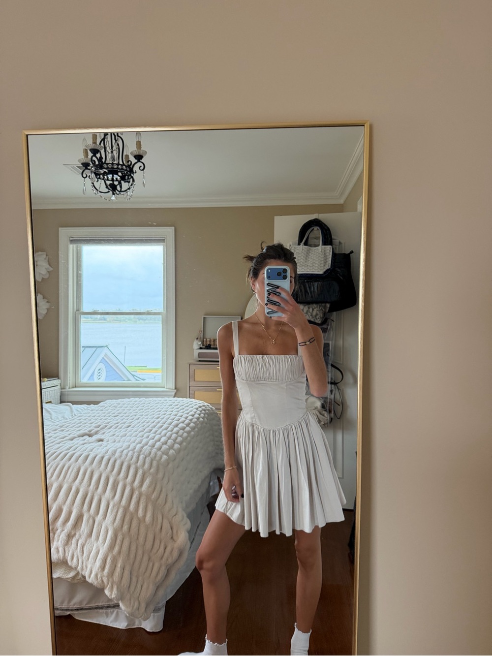 White Sleeveless Mini Dress with Smocked Bodice
